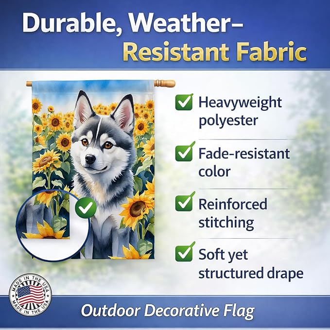 Caroline's Treasures DAC6004CHF Alaskan Klee Kai in Sunflowers House Flag Large Porch Sleeve Pole Decorative Outside Yard Banner Artwork Wall Hanging, Polyester, House Size, Multicolor