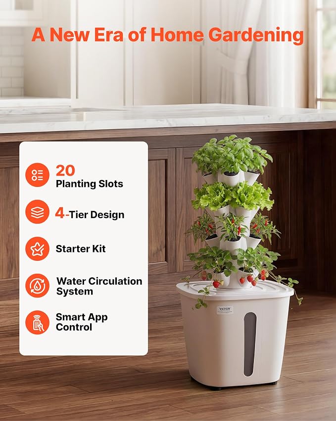 VEVOR Hydroponic Tower, 20 Pods 4 Tiers Hydroponics Growing System Kit, Vertical Home Hydronic Garden with 20L Water Tank & Pump, Planter Plants Germination Kit for Indoor Herbs, Fruits, Vegetables