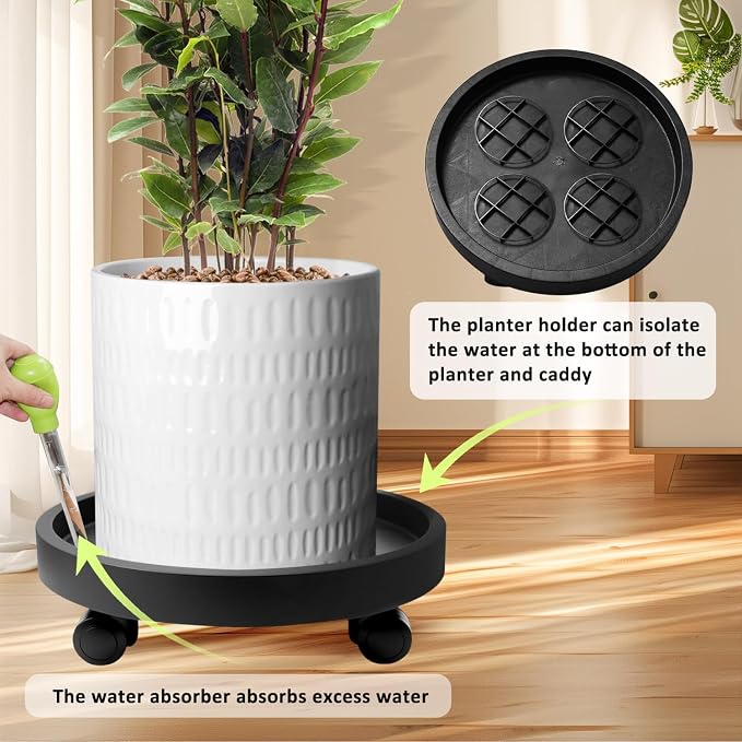 2Pack 15.7''Large Plant Stand with Wheels, Plant Stand Dolly for Heavy Planter,Wheeled Planter Saucer Tray,Rolling plant stand,Heavy-Duty Plant Caddy with Casters for Indoor and Outdoor(Black)