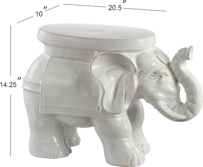 JONATHAN Y White Elephant 14.25" Glazed Ceramic Elephant Garden Stool, Weather-Resistant Indoor/Outdoor Patio Side Table and Plant Stand, Bohemian, Antique White TBL1007A