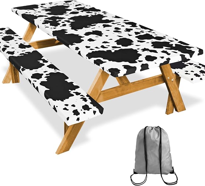Picnic Table Cover with Bench Covers Camping Essentials Reusable Waterproof Windproof Camping Tablecloth Fitted Rectangle Tables and Seats, 72in, Black Cow Print