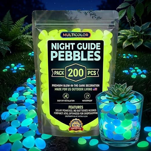 Glow Colorful in the Dark Garden Rocks – Night Guide Stones for Yard, Walkways, Fish Tanks & Landscaping, Luminous Outdoor Decorative Pebbles for Aquarium, Pathway, and Garden Decor (200, Yellow)