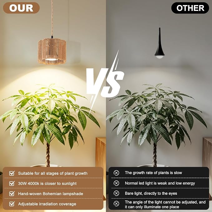Grow Lights for Indoor Plants, Boho Plants Light, with Timer and 15FT Power Cord, 30W Pendant Plant Lights for Indoor Growing,Grow Light for Garden, Flowers, Monstera Growing
