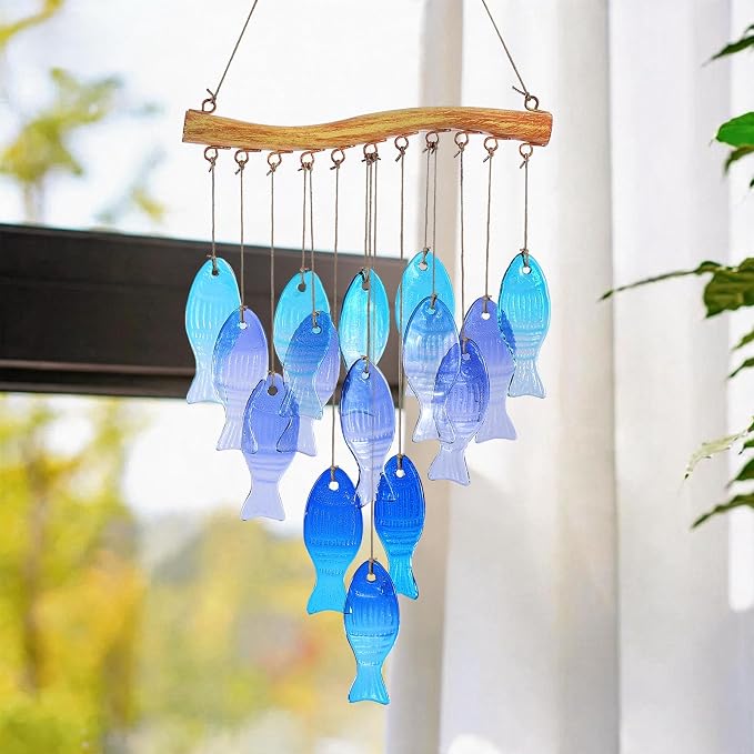 Glass Fish Wind Chimes for Outside/Inside - Handcrafted Stained Glass and Iron Decorative Sea Glass Windchime - Unique Bohemian Coastal Decor for Garden, Patio, Porch - Sympathy Gift (Blue Fish)