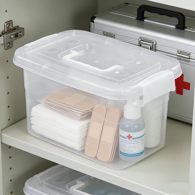 6-Pack Home Storage Bins, Plastic Container, Latching Box with Handle (White handle)