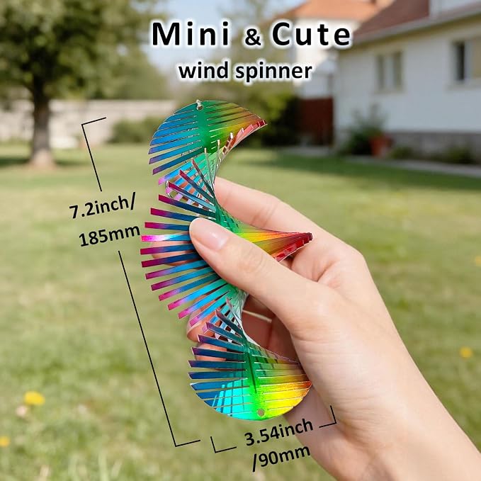 Aoedelyart Rainbow Wave Wind Spinners Outdoor Hanging Decor,Rainbow Helix Mini Wind Spinners for Yard and Garden Ornaments Gifts,7In Stainless Steel Reflective Wind Spinner Yard Art Wind Sculpture