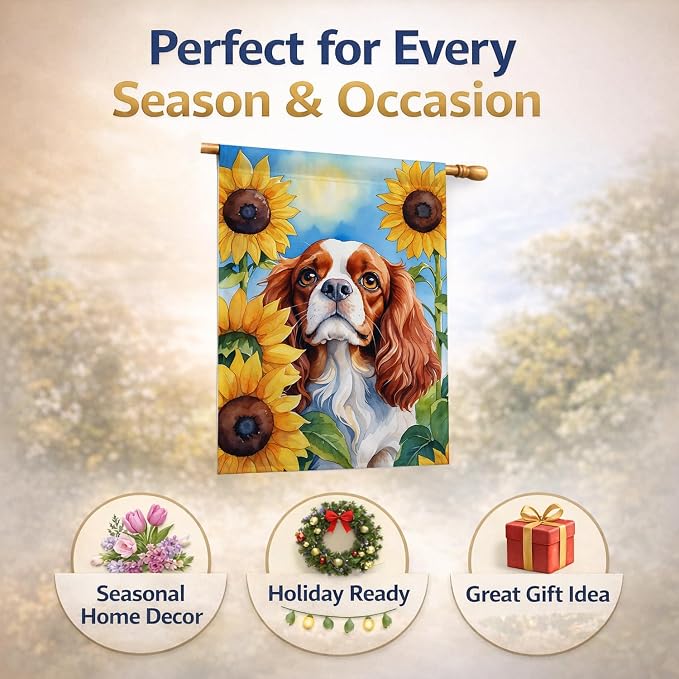 Caroline's Treasures DAC6047CHF Cavalier Spaniel in Sunflowers House Flag Large Porch Sleeve Pole Decorative Outside Yard Banner Artwork Wall Hanging, Polyester, House Size, Multicolor