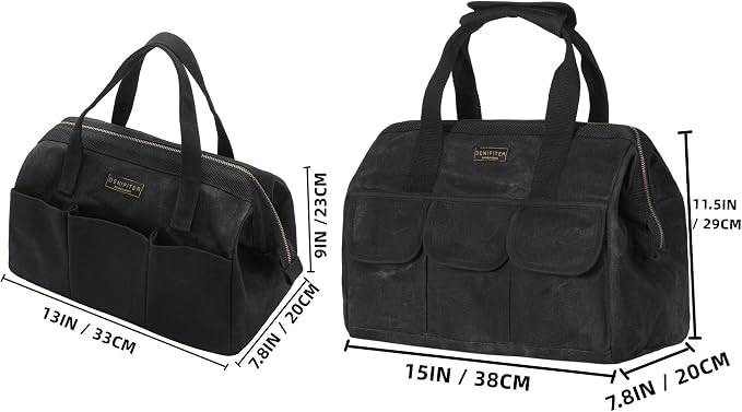 Heavy-Duty 16oz Waxed Canvas Tool Tote with Zipper, Multi-Purpose Organizer Tool Bag with 15 Pockets | 15"L X 7.8"W X 11.5"H