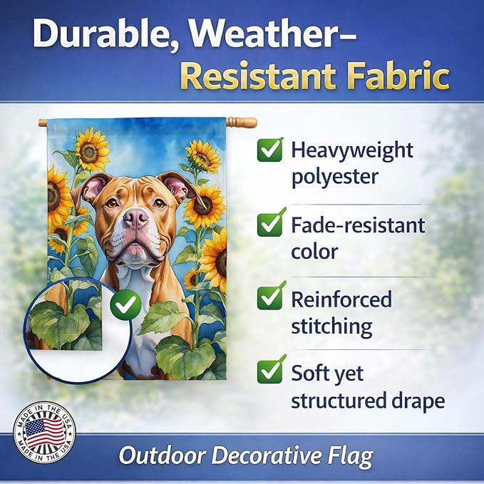 Caroline's Treasures DAC6133CHF Pit Bull Terrier in Sunflowers House Flag Large Porch Sleeve Pole Decorative Outside Yard Banner Artwork Wall Hanging, Polyester, House Size, Multicolor