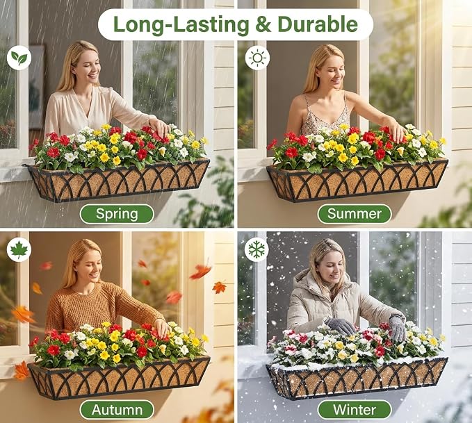 Y&M 2pcs 30'' Metal Outdoor Planter Boxes, Large Railing Mount Planters with Coco Liner for Balcony, Porch, Fence