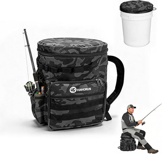 FUNHORUN Fishing Bucket Organizer with 5 Gallon Bucket & 360° Rotating Seat Lid, Fishing Tackle Bag with Backpack Straps, Full Water-Resistant Design & Multi-Pockets (Fishing Tools Not Included)