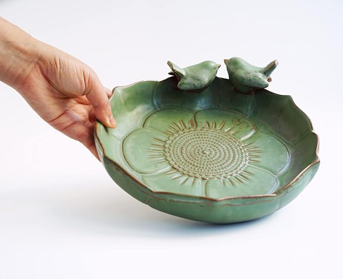 Moss Green 9.45 Inch Ceramic Heavy Duty Wild Bird Bath Bowl or Feeder for Outdoor Garden, Bowl Only