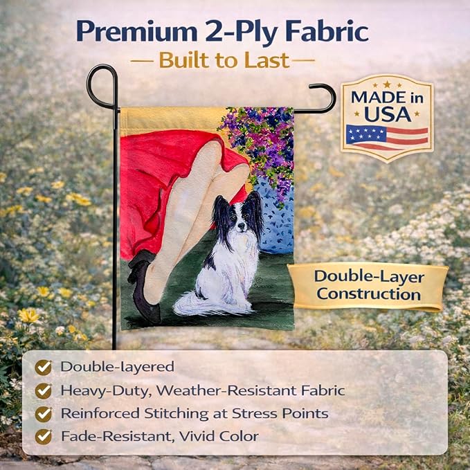 Caroline's Treasures SS8523GF Lady with her Papillon Garden Flag Mailbox Flag Decorative Yard Flag Banner Outside Patio Artwork Yard Flower Beds, Garden Size, Multicolor