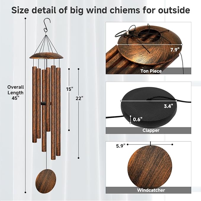 45" Large Wind Chimes for Outside, 6 Thick and Bold Aluminum Tubes Tuned Relaxing Melody Wind Chime Deep Tone, Big Wind Chimes for Garden Patio Decor, Great Gift Idea for Mother's Day (Vintage)