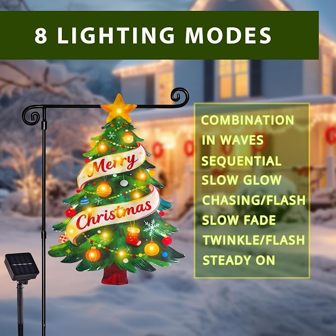 Lighted Christmas Garden Flag for Outside, Solar LED Xmas Tree Flag Decoration, 12x18 Double Sided Outdoor Yard Lawn Decor (Shape Christmas Tree, 12x18 Inch)