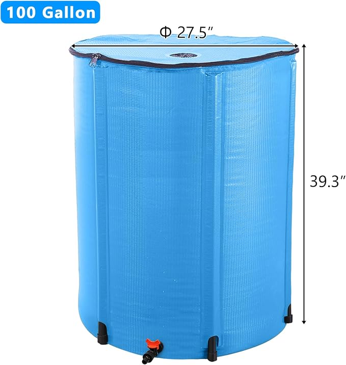100 Gallon Collapsible Rain Barrel, Rain Water Collection Barrel System Kit, Collapsible Water Tank with Spigot and Overflow Kit, Portable Rain Water Catcher for Garden, Blue