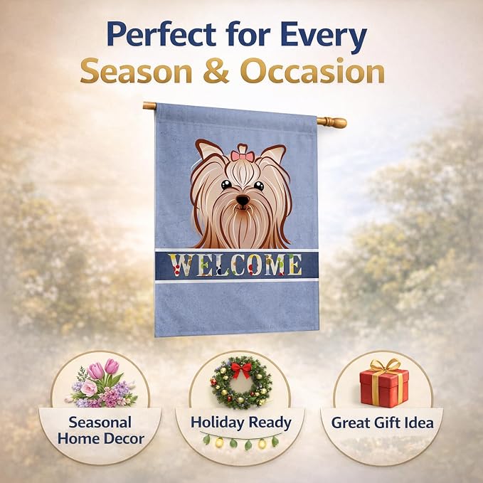 Caroline's Treasures BB1390CHF Yorkie Yorkishire Terrier Welcome House Flag, Blue Large Porch Sleeve Pole Decorative Outside Yard Banner Artwork Wall Hanging, Polyester, House Size, Multicolor