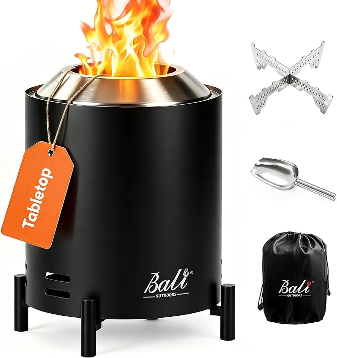 BALI OUTDOORS 6.5 inch Tabletop Fire Pit Round, Stainless Steel Table Top Firepit Small, Outdoor Smokeless Firepit Portable, Black