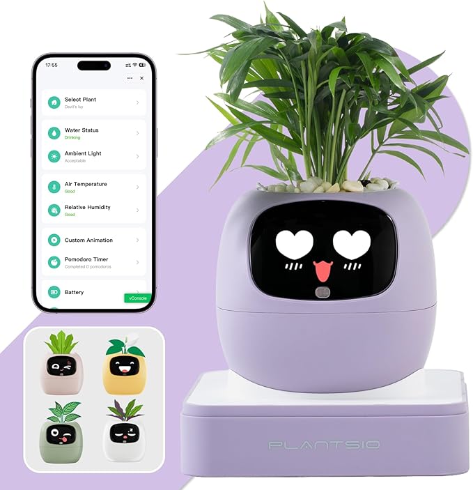 Smart Plant Pot with Visual Display – Soil Moisture, Water Level, Light & Battery Monitor, 80ml Self-Watering Reservoir, Supports 100+ Plants, Pomodoro Timer, Clock & Calendar-Purple