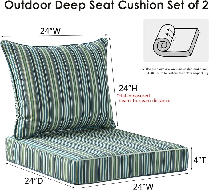 Unimatta Sunbrella Outdoor Patio Chair Cushions Set, 24" x 24"(24x24 Back), Set of 2, Water-Repellent, Fade Resistant, Deep Seat Bottom and Back Cushion for Backyard, Couch, Sofa, Troupe Caribbean