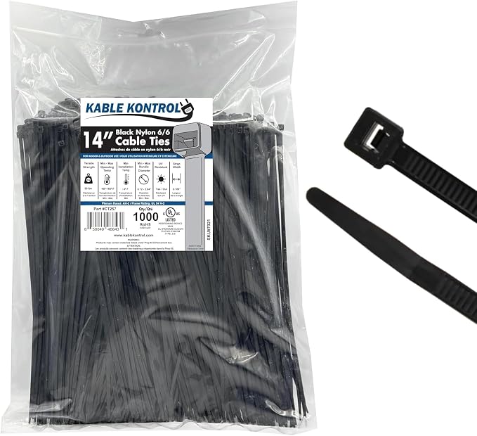 Kable Kontrol Cable Zip Ties 1000 Pcs 14 Inch Black, 50 Lbs Tensile Strength, Self-Locking UV Resistant Plastic Nylon Wire Ties, for Indoor or Outdoor Use