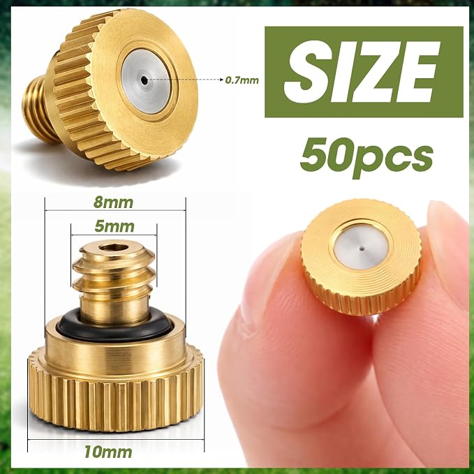 Zhengmy 50 Pcs 0.7mm Brass Misting Nozzles, Mister Nozzles Brass for Outdoor Cooling System Orifice 10/24 UNC Replacement Heads for Outdoor Cooling System