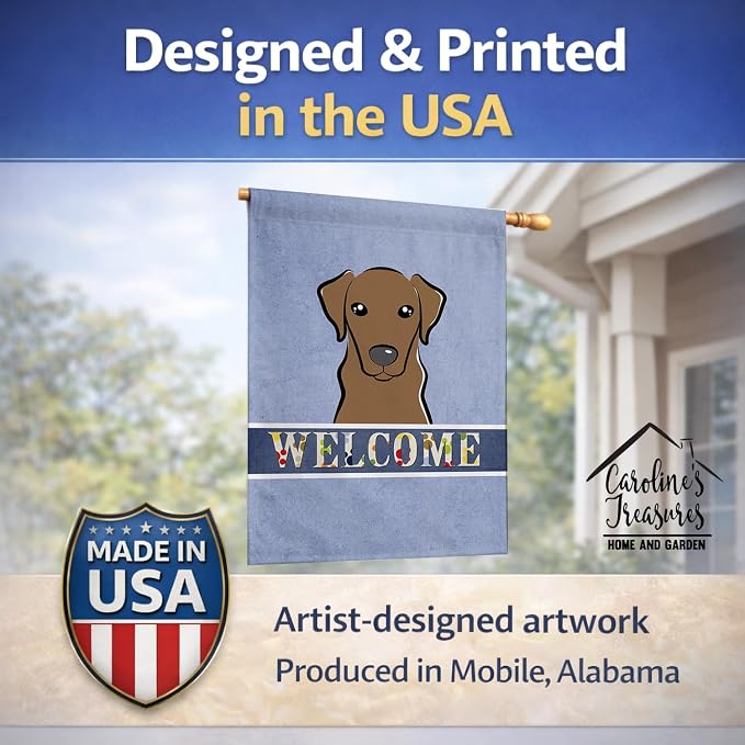 Caroline's Treasures BB1420CHF Chocolate Labrador Welcome House Flag, Blue Large Porch Sleeve Pole Decorative Outside Yard Banner Artwork Wall Hanging, Polyester, House Size, Multicolor