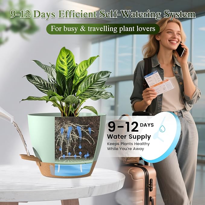 Plant Pots, 1 Pack 12 Inch Self Watering Pots with Drainage Holes, Water Level Indicator Deep Reservoir, Large Planters for Indoor Outdoor Plants - Green Brown