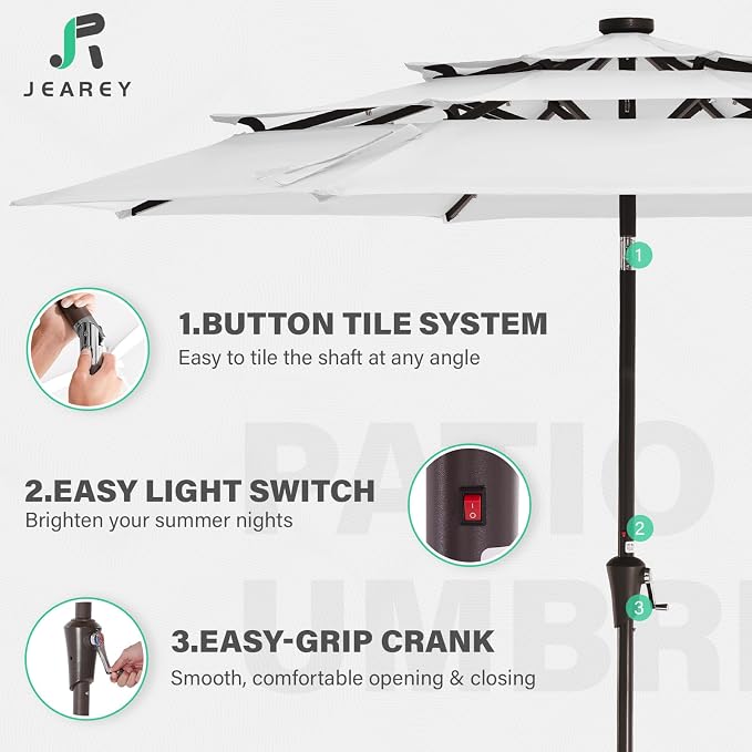 JEAREY 3 Tiers Patio Umbrella with Solar Lights 9ft Outdoor Market Table Umbrellas with Push Button Tilt for Outside Pool Garden, Creamy-white