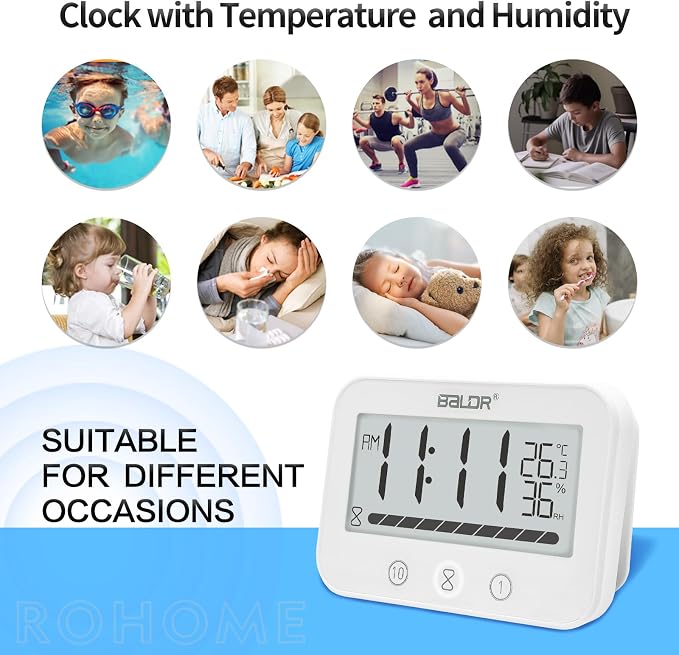 Rohome Waterproof Wall Hanging Timer Bathroom Clock, Large Digital Shower Mirror Suction Clock Thermometer Hygrometer, Visual Kitchen Cooking Countdown Timer, Bath Temperature Humidity Meter (White)