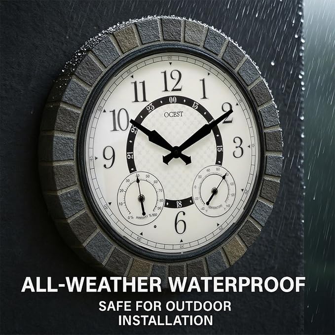 OCEST 18inch Large Indoor Outdoor Clock Illuminated Wall Clock with Thermometer Hygrometer & Night Light Waterproof Battery Operated Silent Non-Ticking Wall Clocks Decor for Patio Pool Porch Bathroom