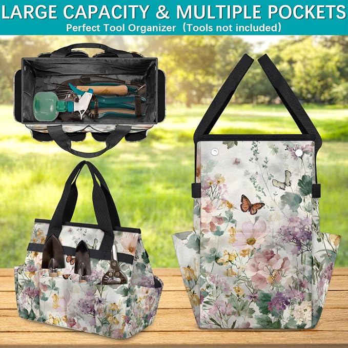 Garden Tote Bag with 10 Pockets Butterfly Heavy Duty Gardening Bags for Tools Organizer Storage Bag with Handle for Garden Lawn Yard Casual