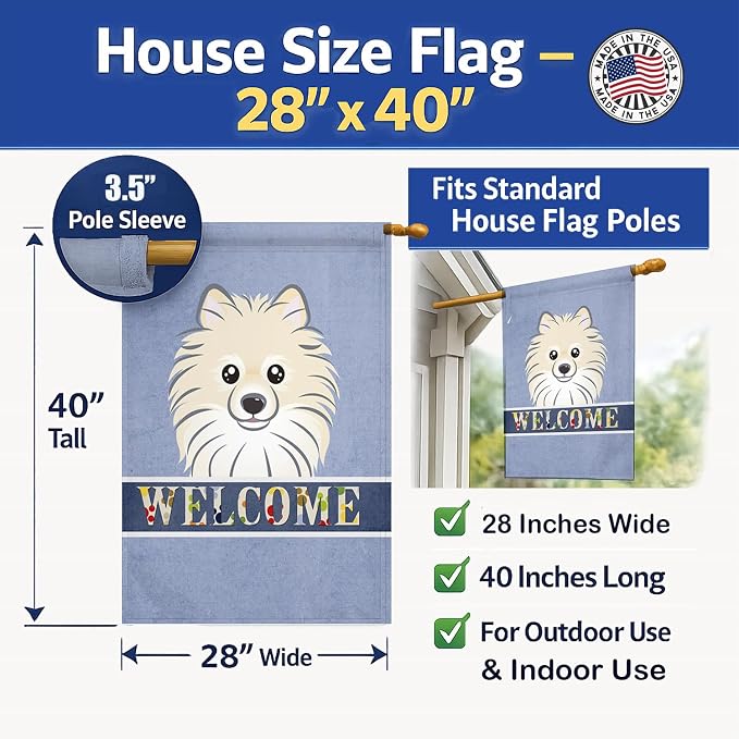 Caroline's Treasures BB1393CHF Pomeranian Welcome House Flag, Blue Large Porch Sleeve Pole Decorative Outside Yard Banner Artwork Wall Hanging, Polyester, House Size, Multicolor