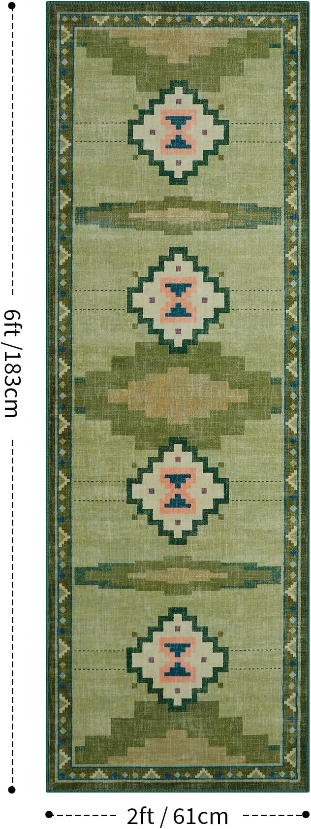 YIHOUSE 2‘x6' Non-Slip Green Mid Century Modern Runner Rug for Kitchen | Washable, Low Pile, Funky Retro Aztec Long Rug for Hallway Entryway Bedroom