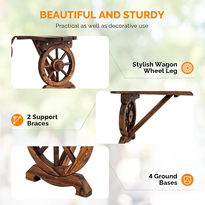 VINGLI Rustic Wooden Wheel Bench Outdoor Bench, Patio Bench Wagon Slatted Seat, Garden Benches for Outdoors 350lbs High Capacity, Weather Resistance (Rustic, 46in)