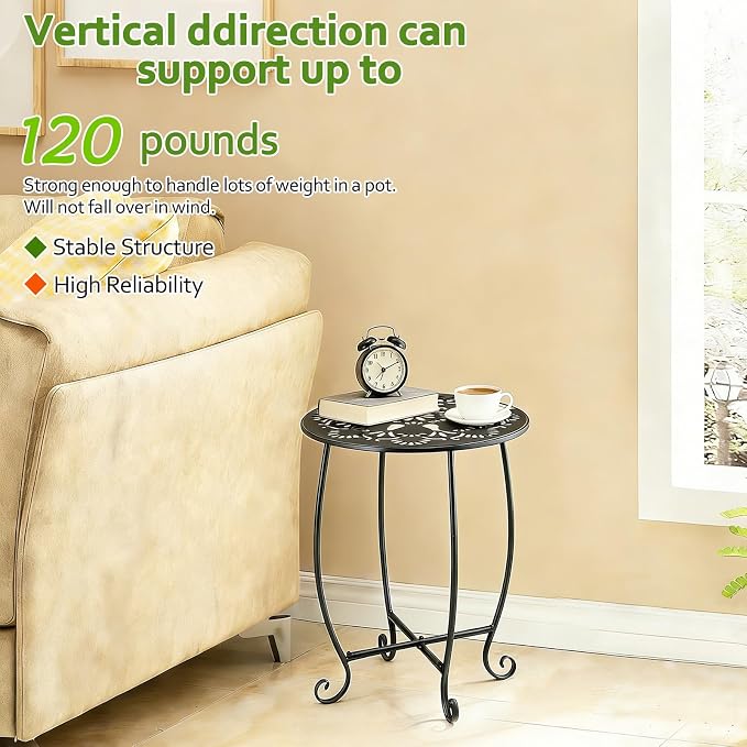 Arbuxzuy 2 Packs 17" Tall Round Metal Outdoor Side Tables for Patio, Decorative Black Flower Pot Stand, Rustproof Potted Holder, 120 lbs Load Capacity