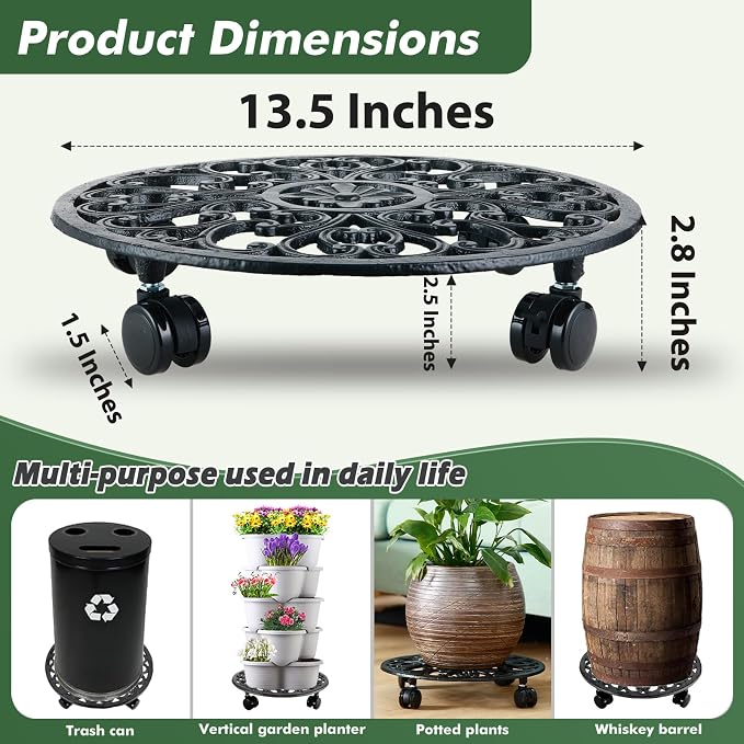 2 Packs 14 Inch Rolling Plant Stand with Wheels Metal Plant Caddy with Wheels Heavy Duty Round Plant Stand Indoor Iron Plants Rollers for Plants, Plant Dolly Planter Caddies