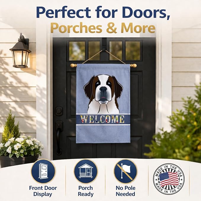 Caroline's Treasures BB1432CHF Saint Bernard Welcome House Flag, Blue Large Porch Sleeve Pole Decorative Outside Yard Banner Artwork Wall Hanging, Polyester, House Size, Multicolor