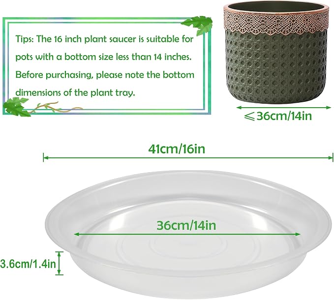 8 Pack 16 Inch Round Plant Saucers for Less 14 Inch Pot Indoors Outdoors Plant Trays for Pots Planter Saucer Plastic Drip Tray Planter Water Tray (Clear, 16"(8pcs))
