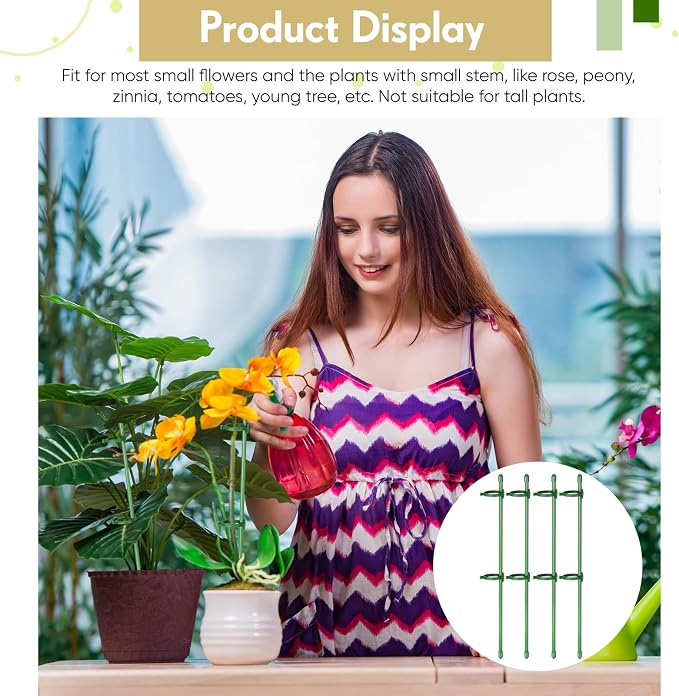 meekoo 60 Pcs 12 Inch Adjustable Plant Support Stakes for Indoor Outdoor Garden Orchid Stick Single Stem Plant Cage Support Rings with Clips and Connect Pipe for Tomato Flowers, Potted Plants (Green)