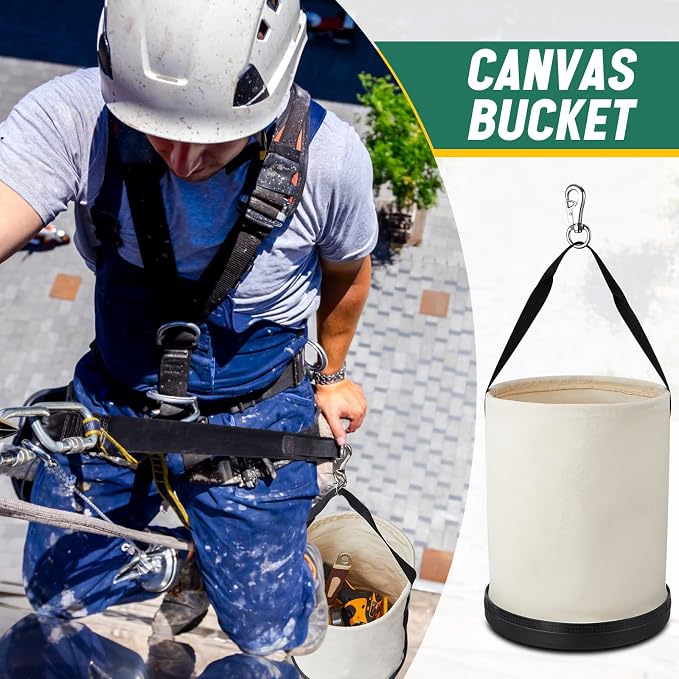 4 Pack Canvas Bucket 15" x 12" Heavy Duty Lineman Tool Bag with Plastic Bottom & Metal Hook Electrician Tool Organizer for Jobsite Use, Load Rated up to 150 Pounds (White)