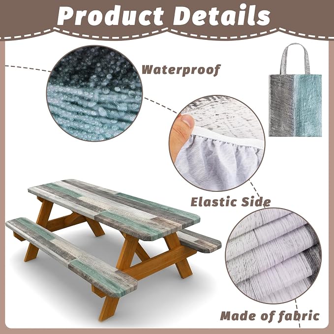 Picnic Table Cover with Bench Covers Elastic Edges Camping Essentials 4 Pcs Wood Grain Green Waterproof Oil-Proof Tablecloth with Handbag for RV Accessories Farmhouse Camping Rustic Party Decor 72 IN