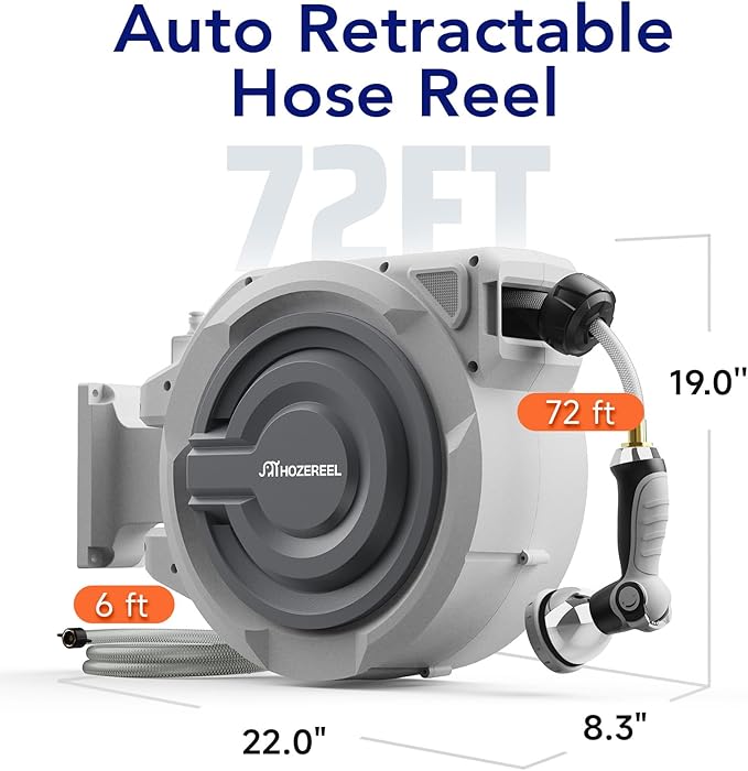 72 FT x 1/2" Retractable Garden Hose Reel by HOZEREEL, UV Resistant Hose Reels - Automatic Slow Self Retract Wall Mount Hose Reel Enclosed Storage, Any Length Lock 180° Swivel, 10 Pattern Nozzle