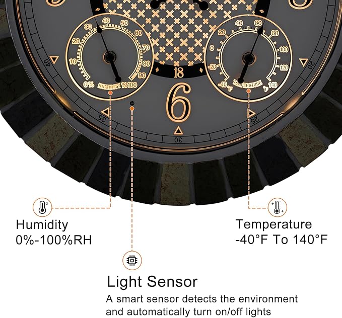 OCEST 18 Inch Outdoor Wall Clock with Night Light, Waterproof Thermometer & Hygrometer Combo, Battery Operated Silent Non-Ticking Large Patio Clock for Garden, Pool, Porch (Rustic Gray)