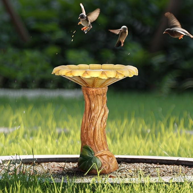 SKYFIRE 24.4" Outdoor Bird Bath -Concrete Birdbaths & Supports with Sunflower Birdbath Bowl and Woodtone Pedestal for Garden, Patio, Lawn, Yard -19.6”Dia. X 24.4”H Garden Decor Statue Bird Baths