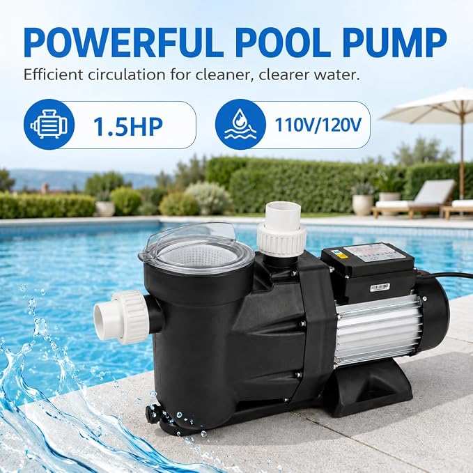 1.5 HP Pool Pump 110V/120V Above/In Ground Pool Pump | Self Priming, 105.7GPM, 2-24H Timer, 52.49ft Hmax, 422.68qt/min, Max. 122℉, Overheating Protection for Pools