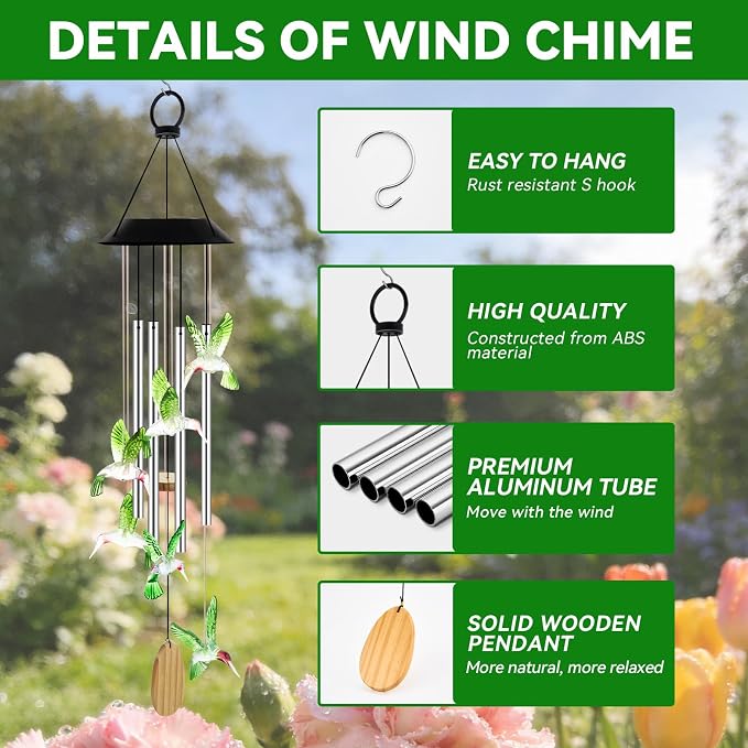 Wind Chimes for Outside, Solar Lights Outdoor Waterproof, Color Changing Hummingbird Light for Yard, Outdoor, Patio, Garden Decor, Wind Mobiles Gardening Gifts for Women, Mom, Wife, Green Hummingbird