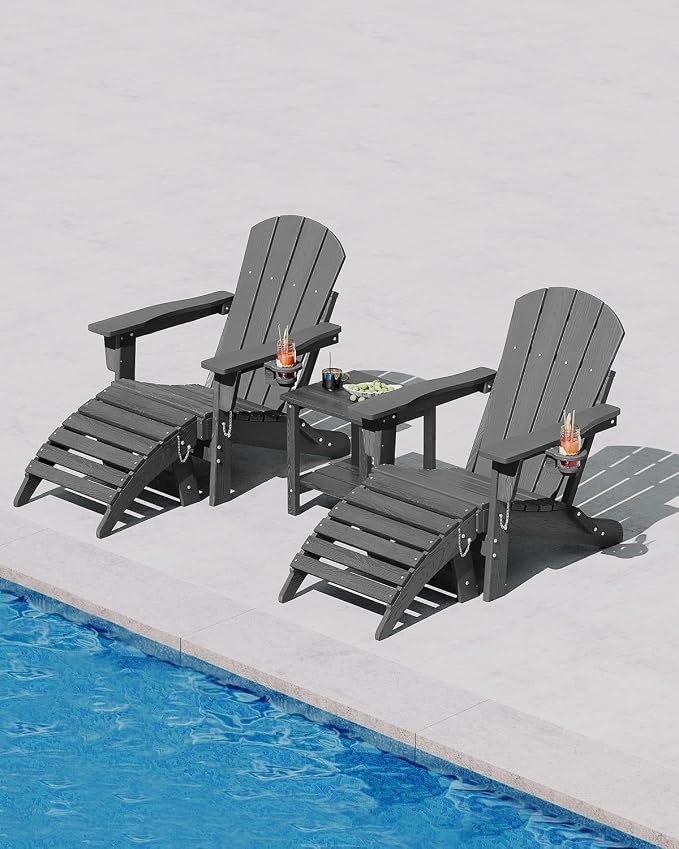 Folding Adirondack Chair Set of 4 with 2 Side Table, All-Weather HDPE Outdoor Chair, Wooden Textured with Cup Holder for patios, Decks, Gardens, fire pits, Grey