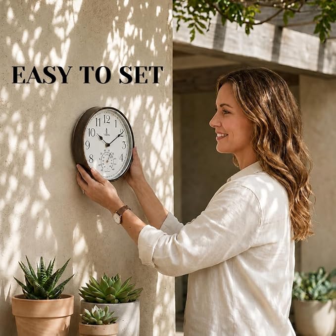 Outdoor Clocks for Patio Waterproof with Thermometer — 9.5 Inch Indoor Outdoor Wall Clock with Temperature Display — Weatherproof, Accurate & Easy to Read for Pool, Garden & Home Decor