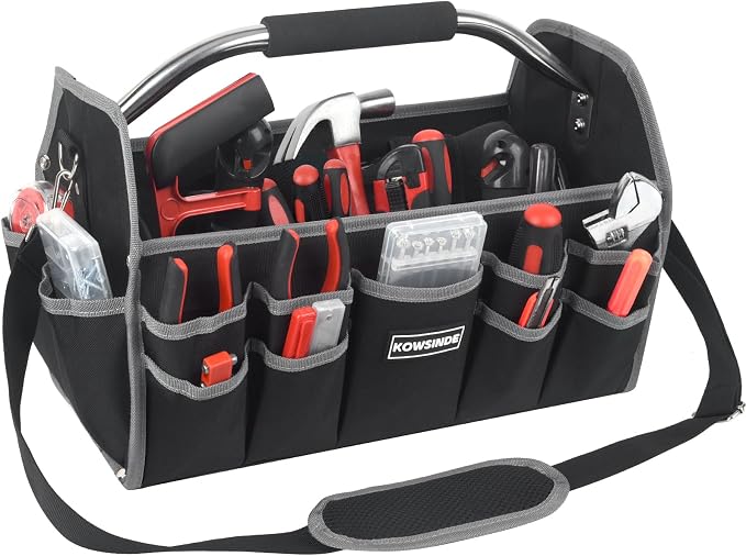 Kowsinde 16 Inch Tool Bag, Electrician Tool Bag, Open Top Tool Bags, 26 Pockets Can Hold Many Tools, Steel Handle and Removable Shoulder Strap